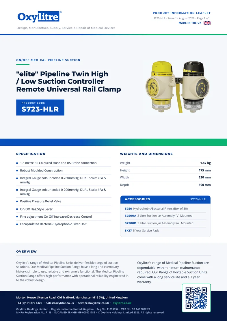 Front page of the Oxylitre S723-HLR product leaflet