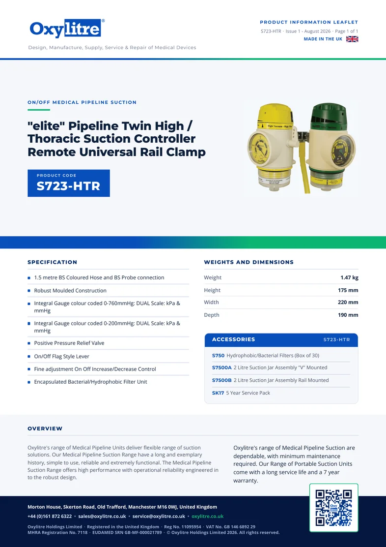 Front page of the Oxylitre S723-HTR product leaflet