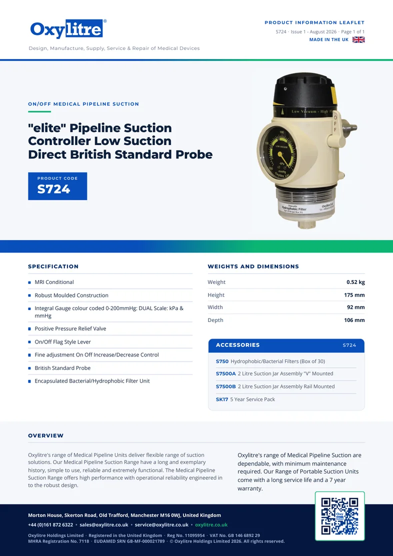 Front page of the Oxylitre S724 product leaflet