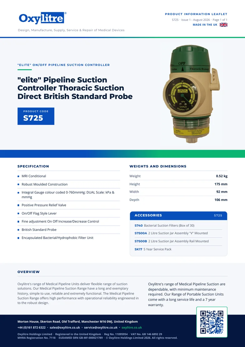 Front page of the Oxylitre S725 product leaflet