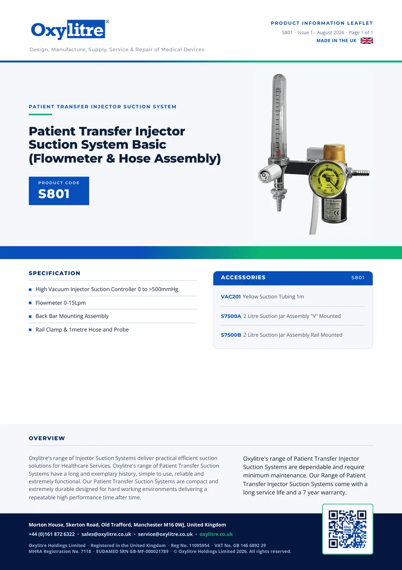 Front page of the Oxylitre S801 product leaflet