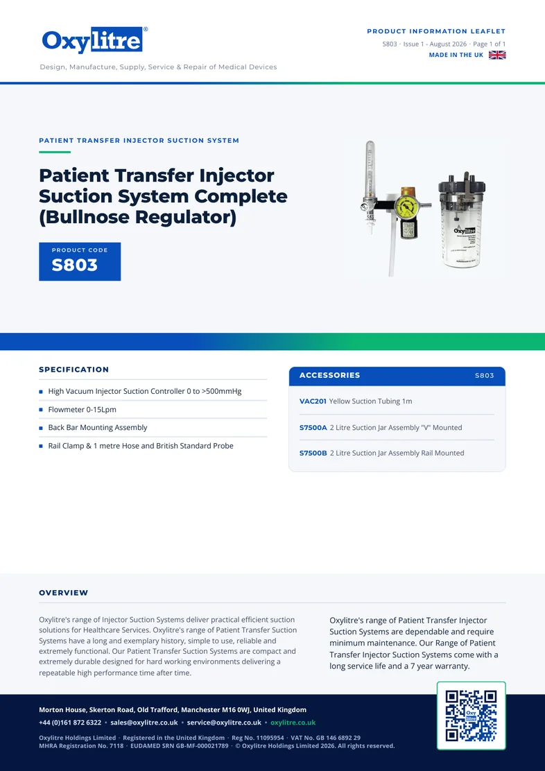 Front page of the Oxylitre S803 product leaflet