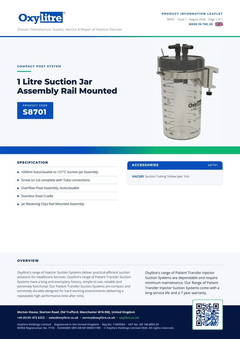Front page of the Oxylitre S8701 product leaflet