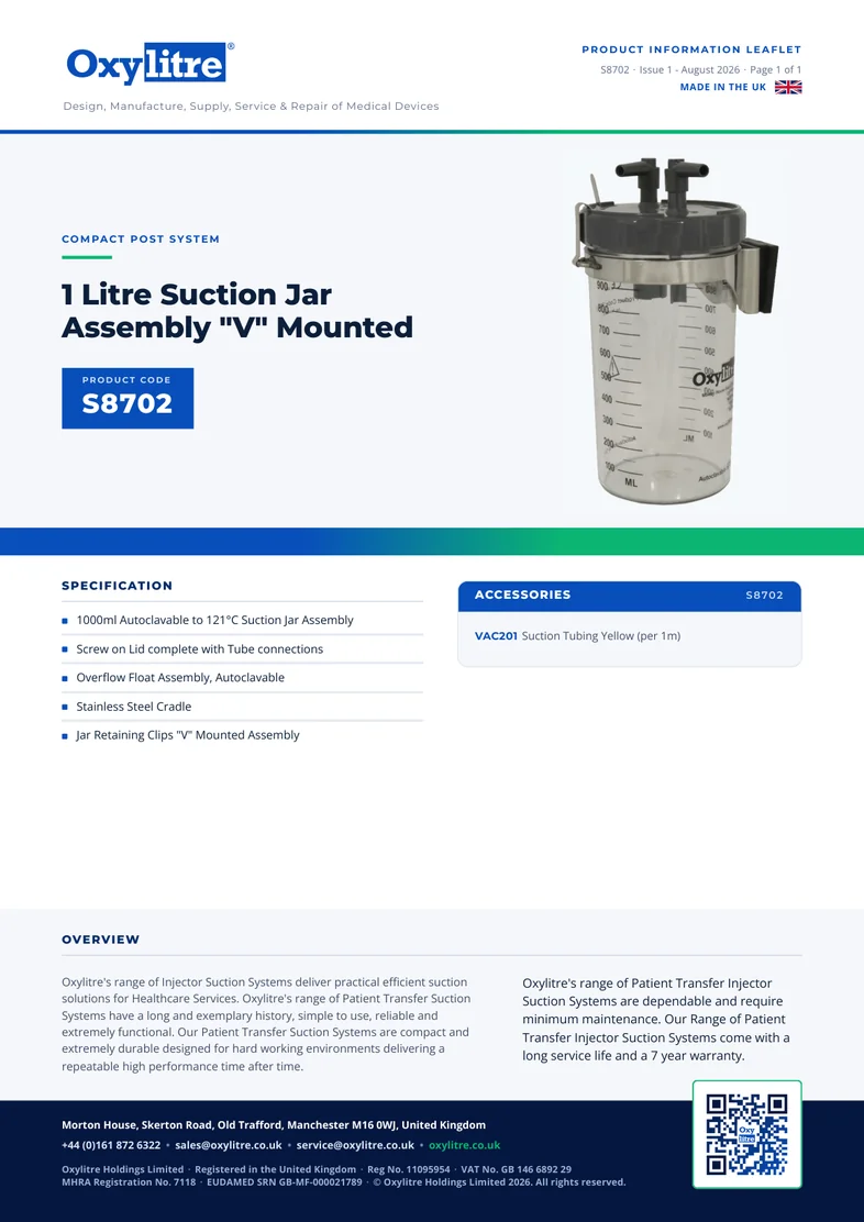 Front page of the Oxylitre S8702 product leaflet