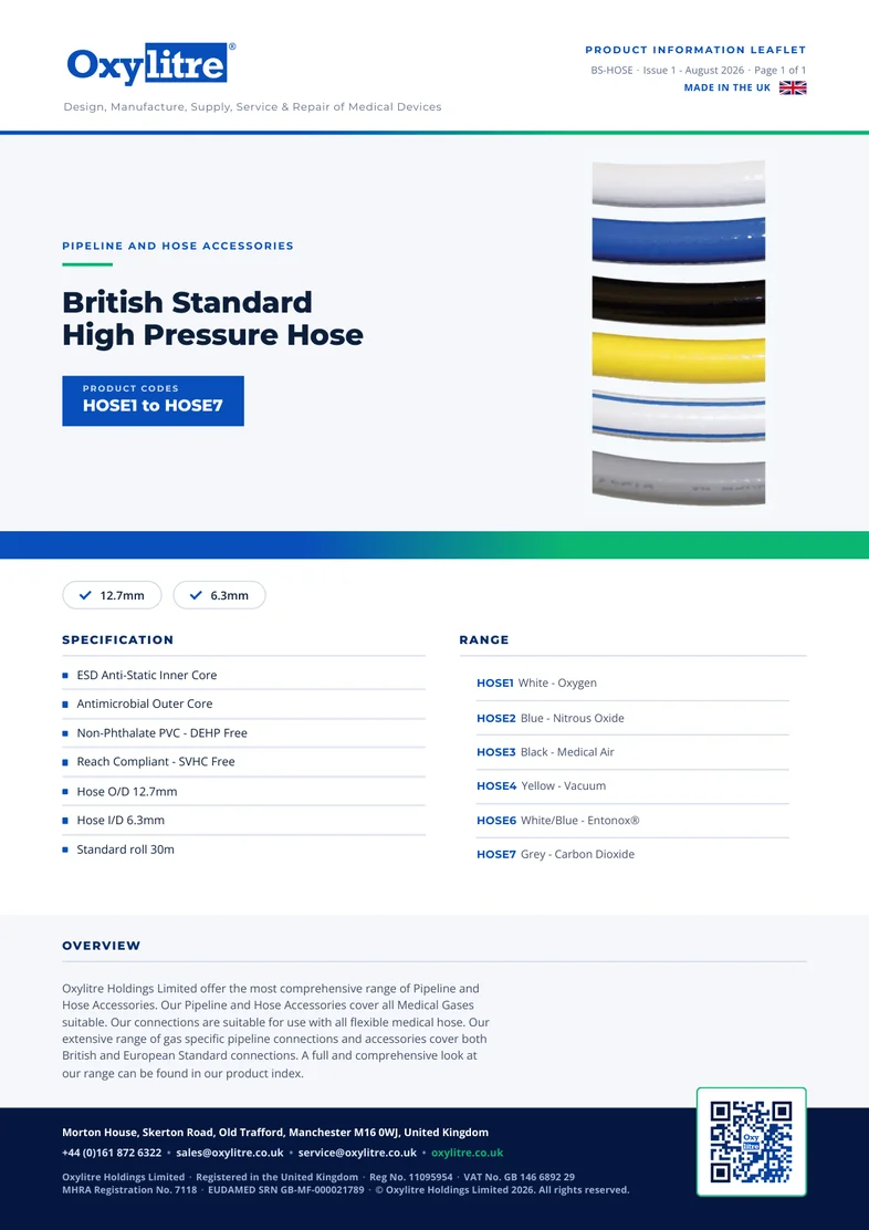 Front page of the Oxylitre British Standard High Pressure Hose product leaflet