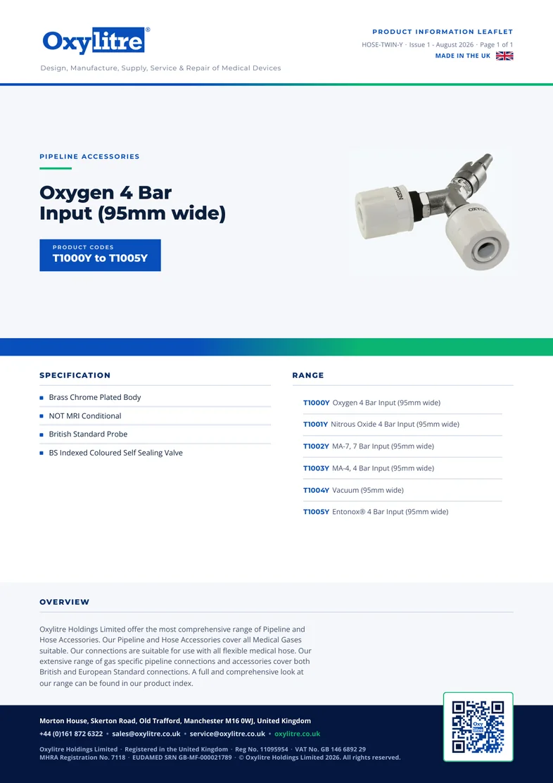 Front page of the Oxylitre 'Y' Configuration product leaflet