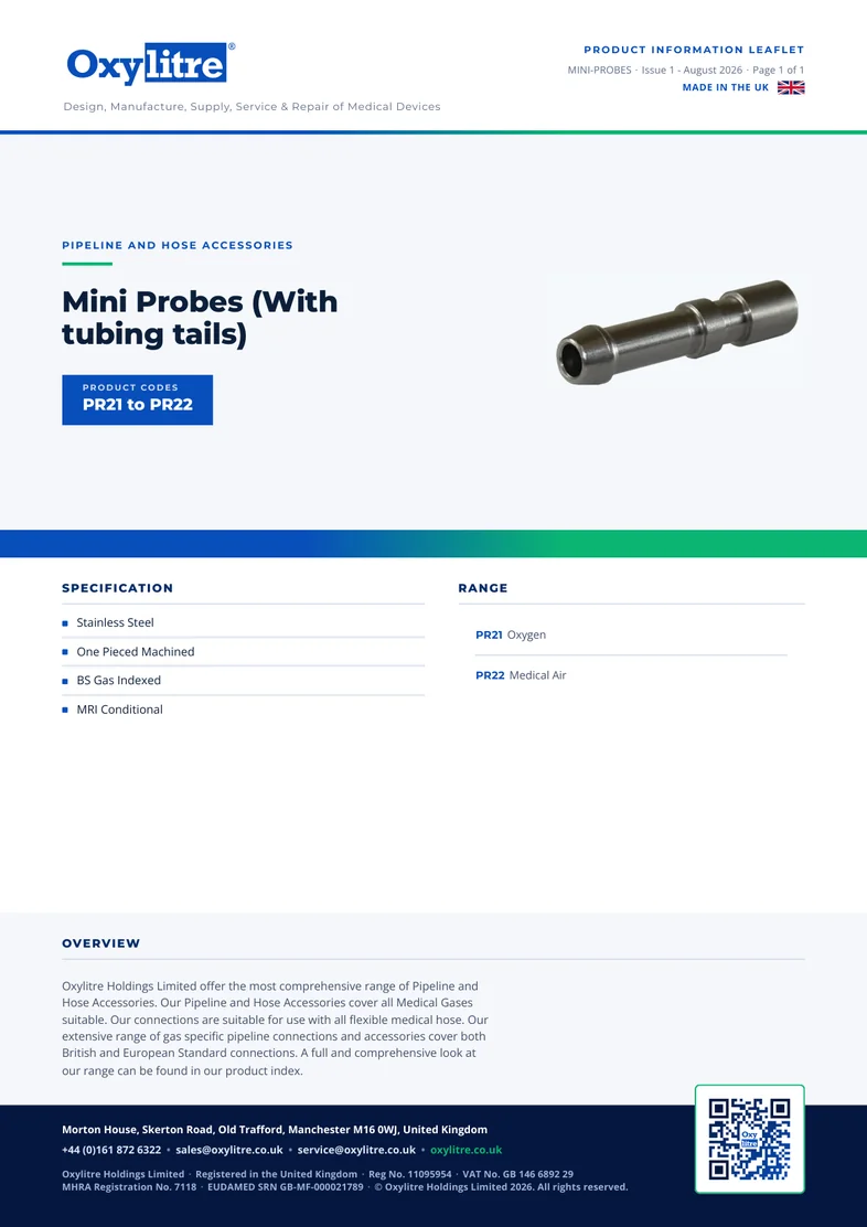 Front page of the Oxylitre Mini Probes (With tubing tails) product leaflet