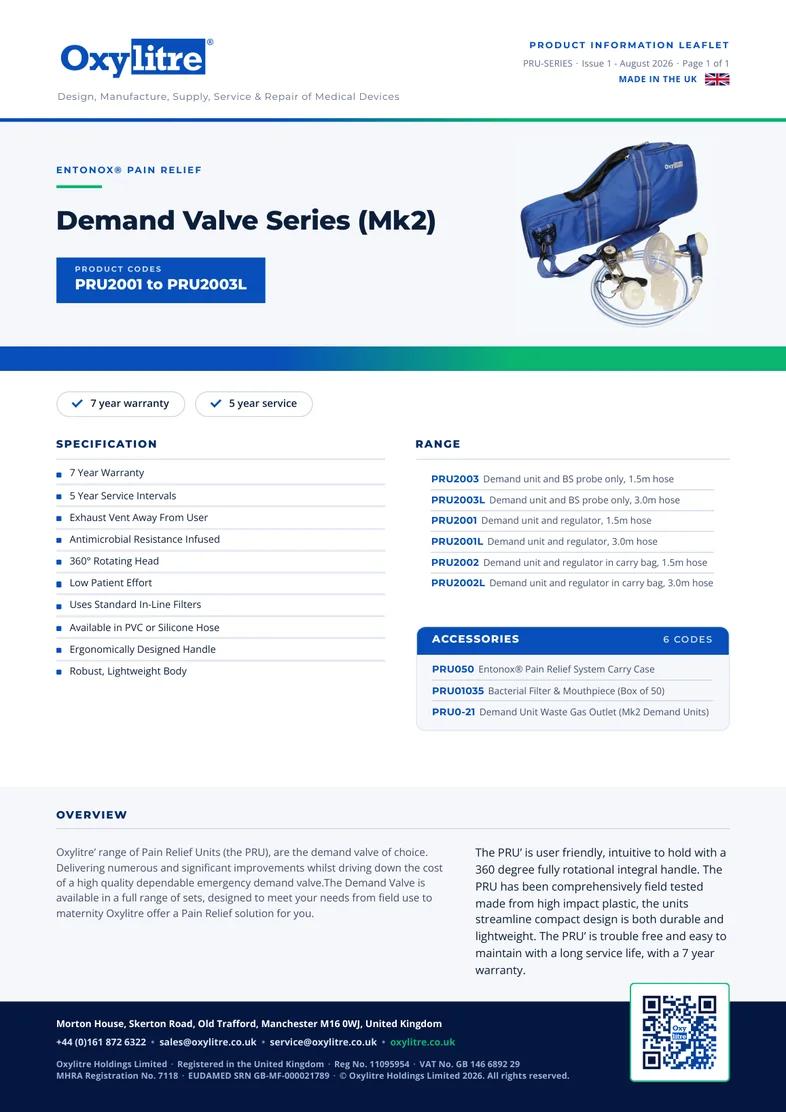 Front page of the Oxylitre PRU Series Demand Valves product leaflet