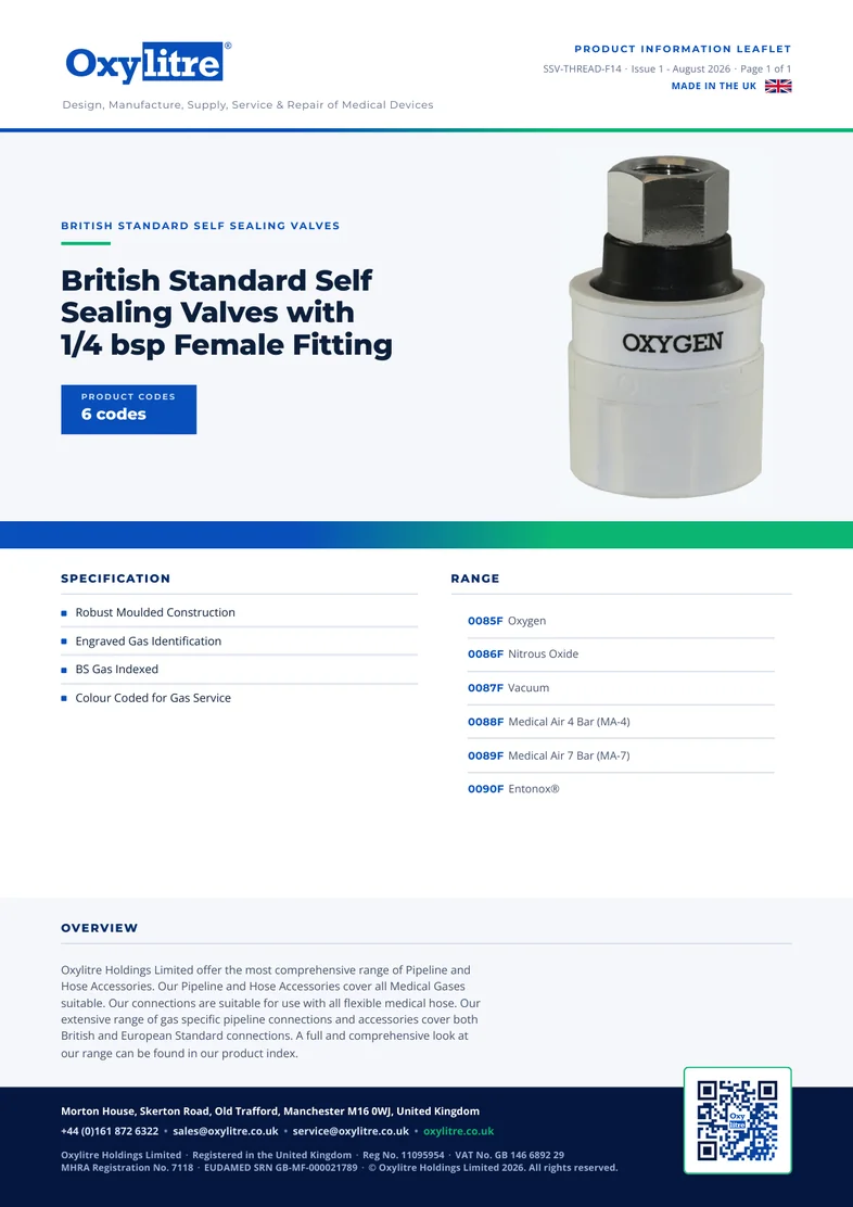 Front page of the Oxylitre SSV 1/4" Female product leaflet