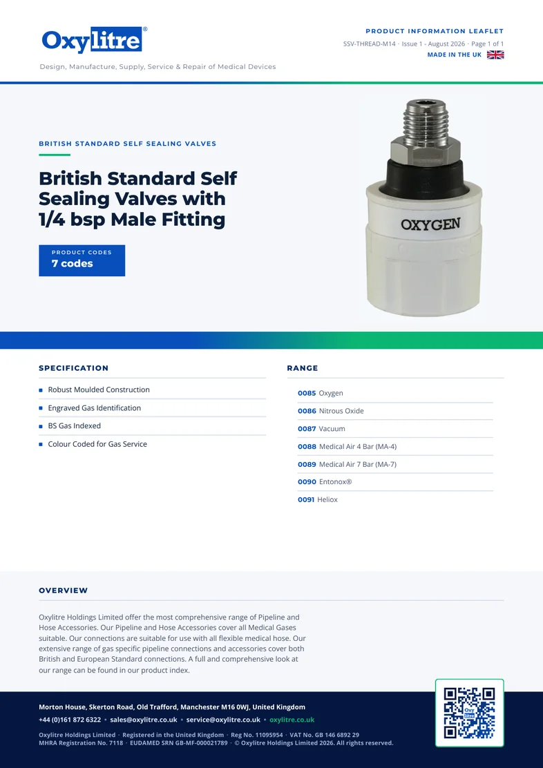 Front page of the Oxylitre SSV 1/4" Male product leaflet
