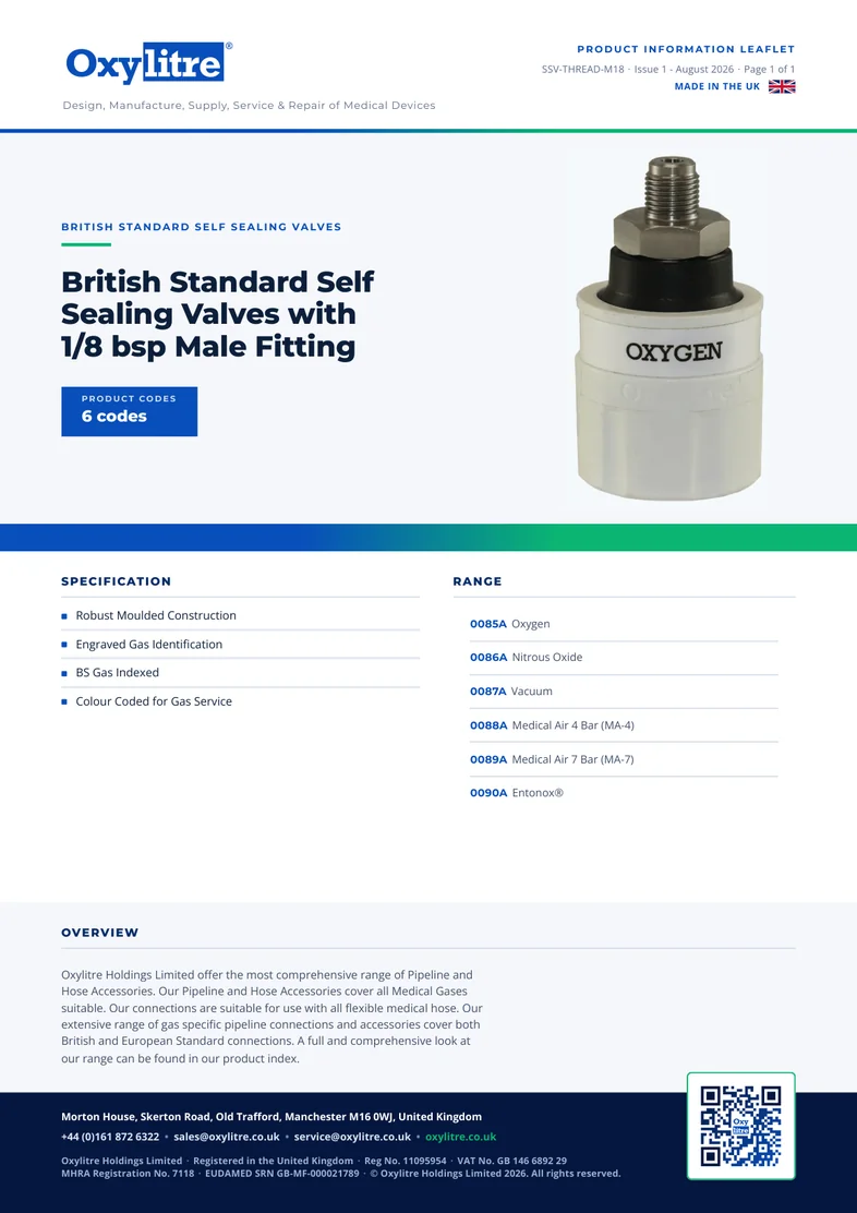 Front page of the Oxylitre SSV 1/8" Male product leaflet