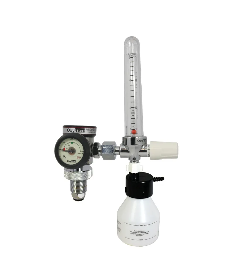 Compact Regulator Complete with brass chrome plated flowmeter and humidifier bottle , Oxygen 0-15lpm
