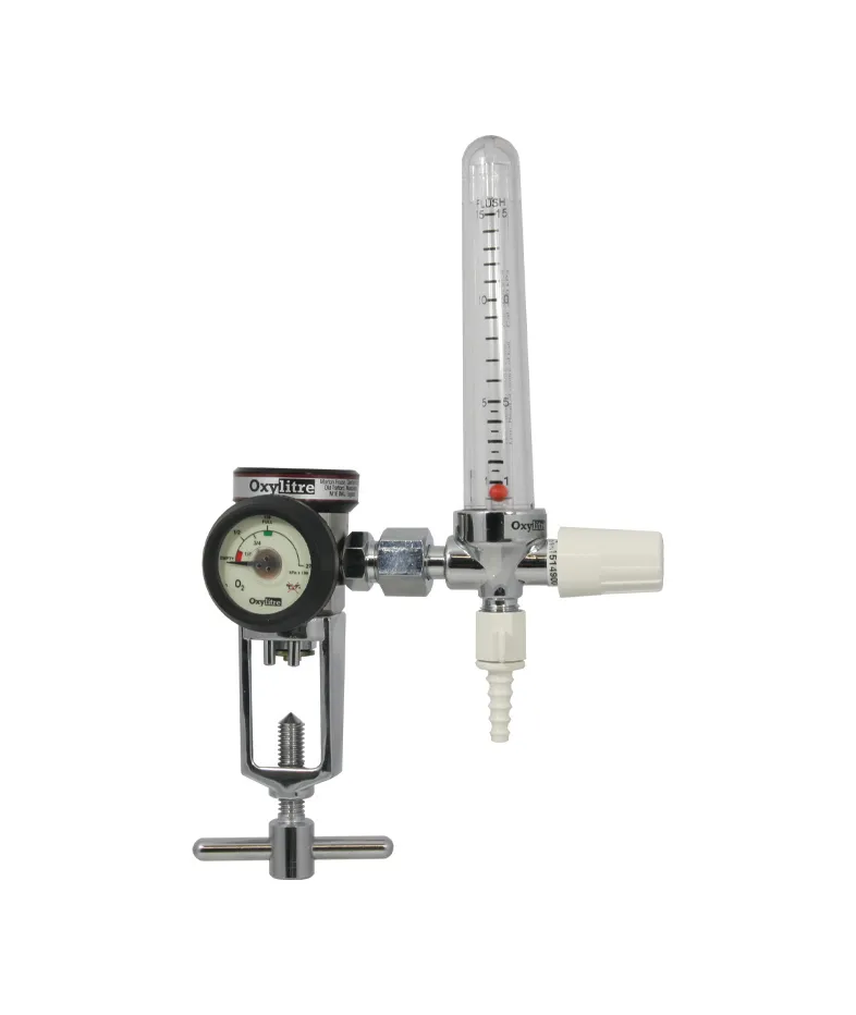 200 Bar Compact Regulator Complete with brass chrome plated flowmeter, Oxygen 0-15lpm Pin-Index fitting