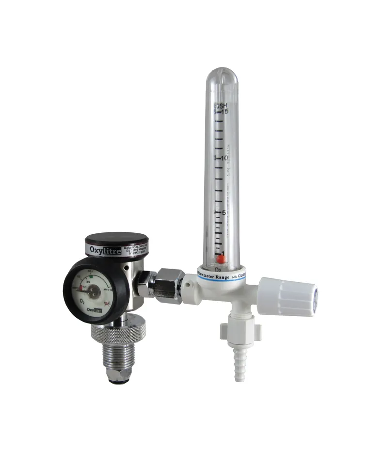 200 Bar Compact Regulator Complete with plastic moulded flowmeter, Oxygen 0-15lpm Bullnose Fitting